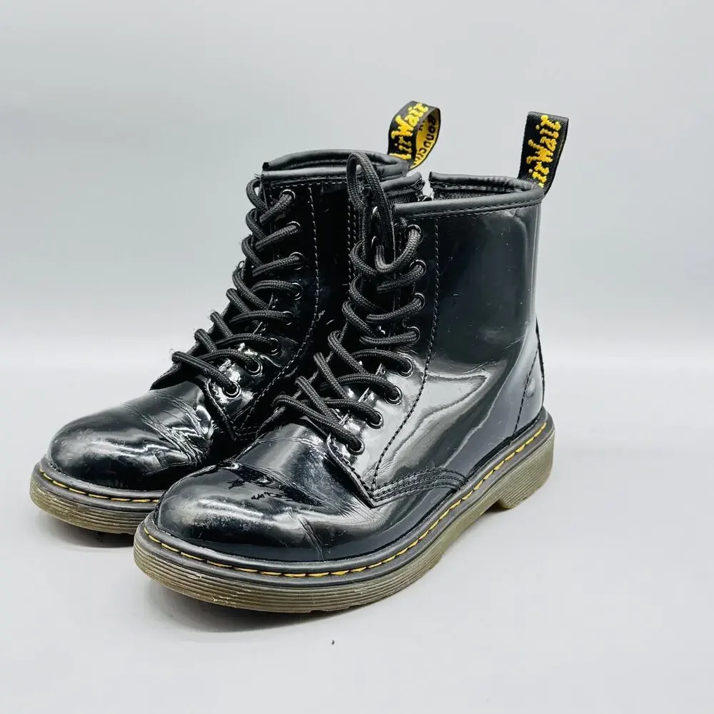 Dr Martens Boots Kids 2 Black Patent Leather 1460 Combat Lace Up Side Zip Youth